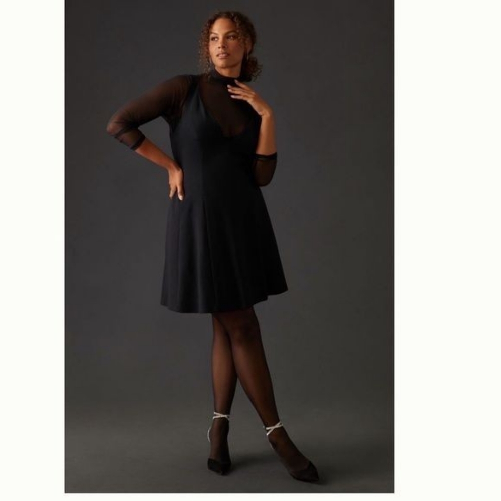 NWT Anthropologie Layered Sheer Mini Dress M Black Long Sleeve Fit & Flare